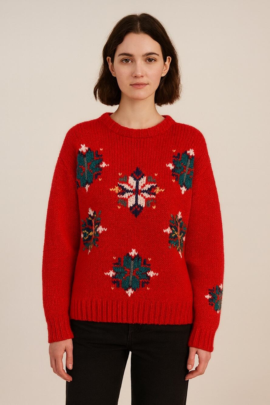 Vintage Hand Knit Paris Sport Club Womens L Sweater Red Snowflake Retro